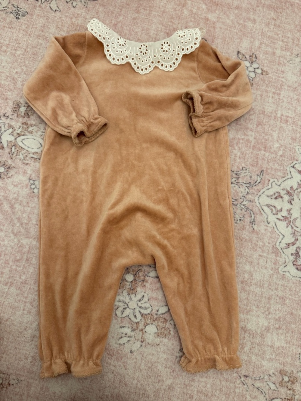 H&M Tan Velour One-Piece with Cream Eyelet Collar